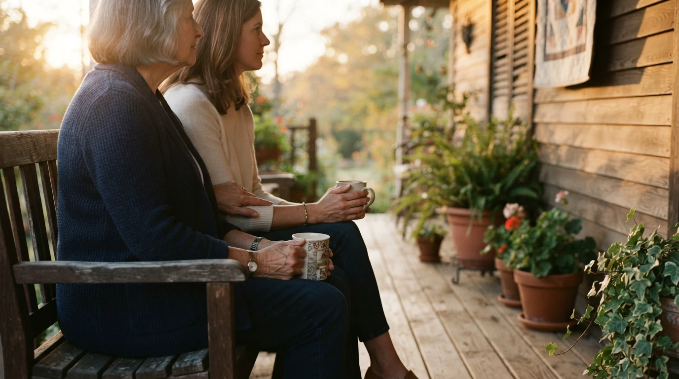A daughter and her mother share a quiet moment together on a porch at golden hour