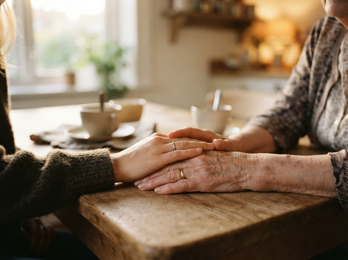 A caregiver and her elderly parent hold hands across a kitchen table